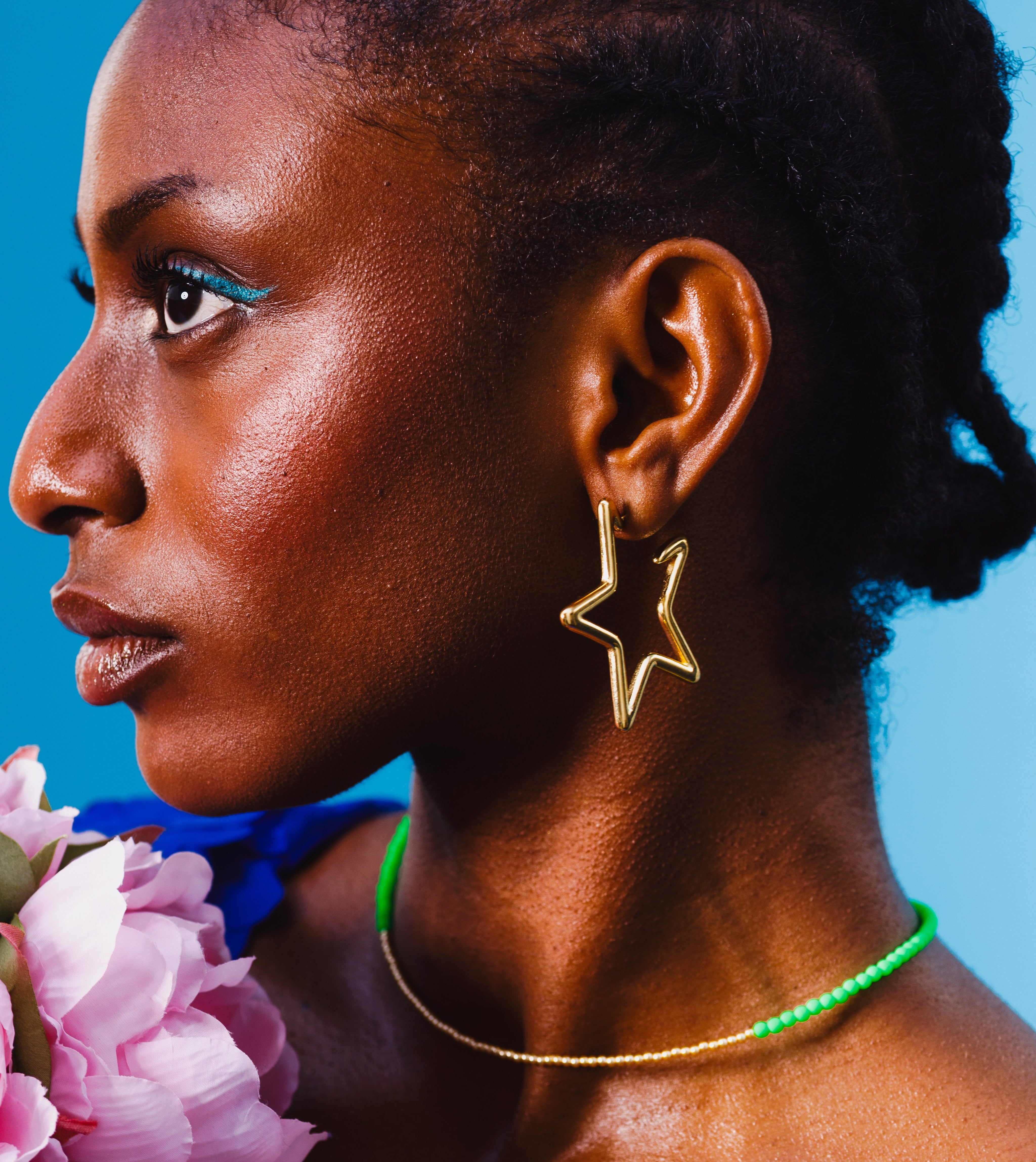 Gold_star_hoops-gold-green_necklace-side_profile_view